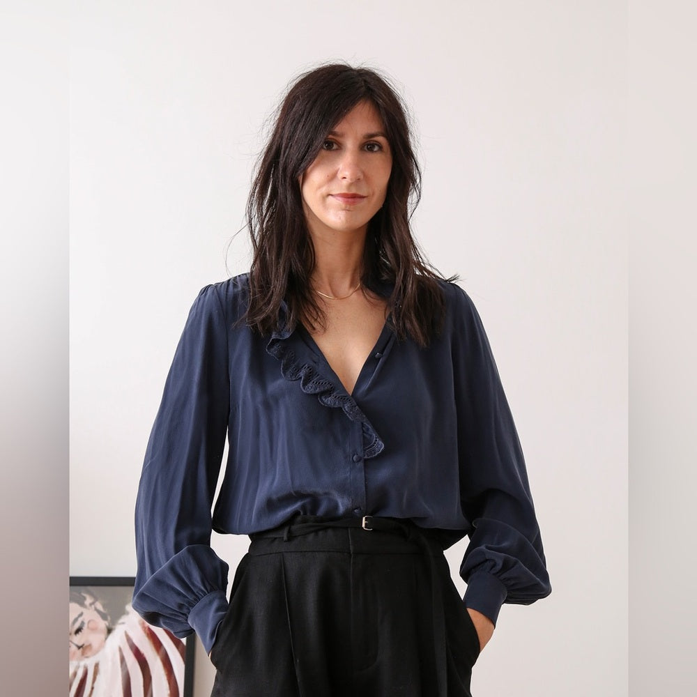 Sezane Chlo Silk Navy Blouse, size 44