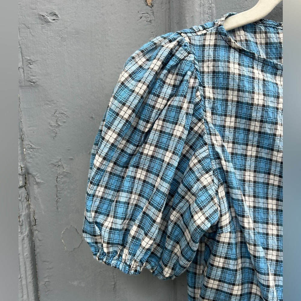 GANNI Gathered checked seersucker mini dress, size 34 (XS)