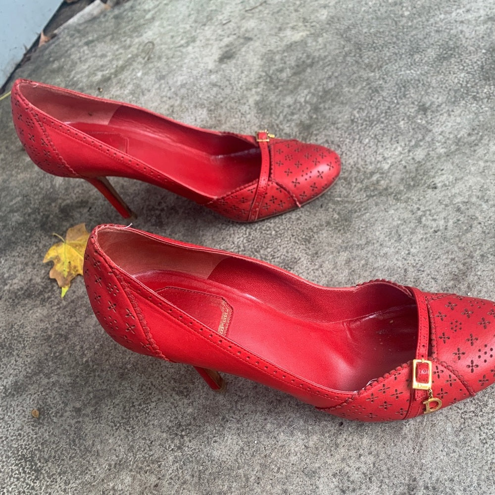 Christian Dior Red Cannage Leather Cut out Heeled Pumps, size 39