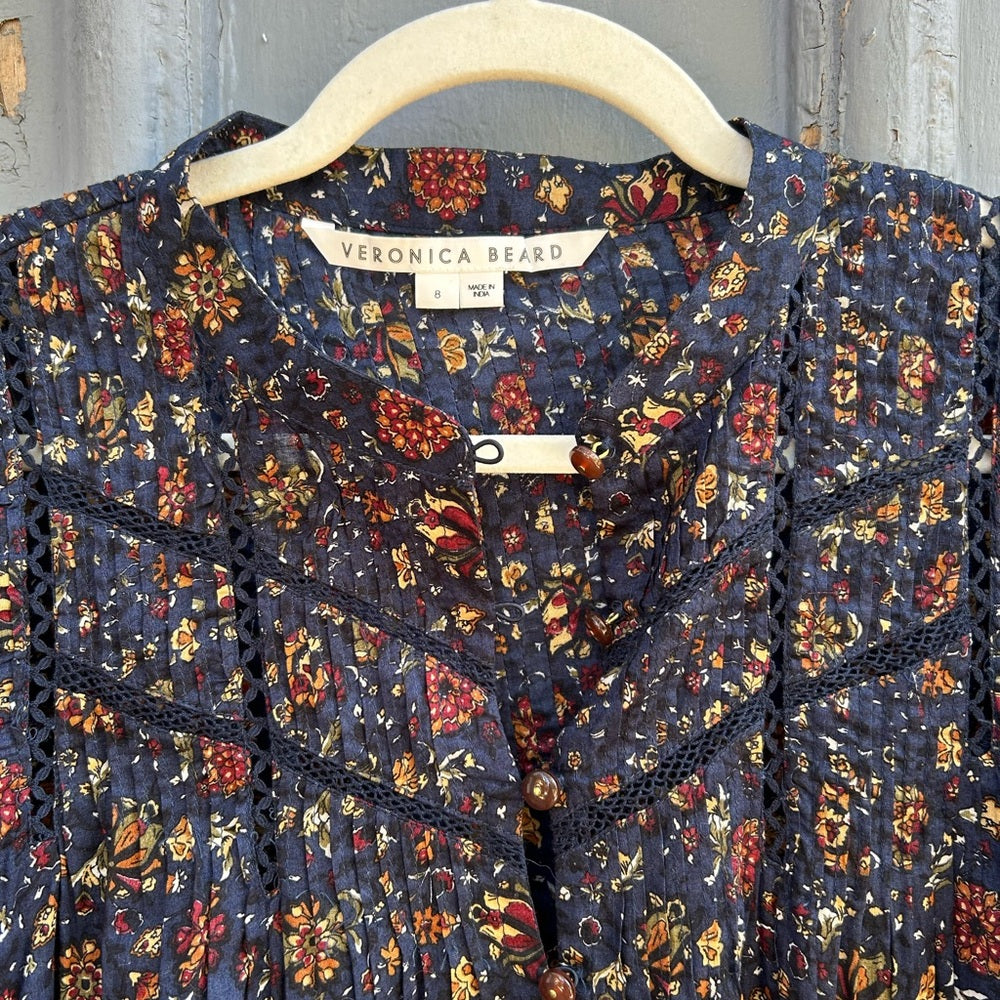 Veronica Beard Navy Floral Smocked Sherwood Blouse, Size 8