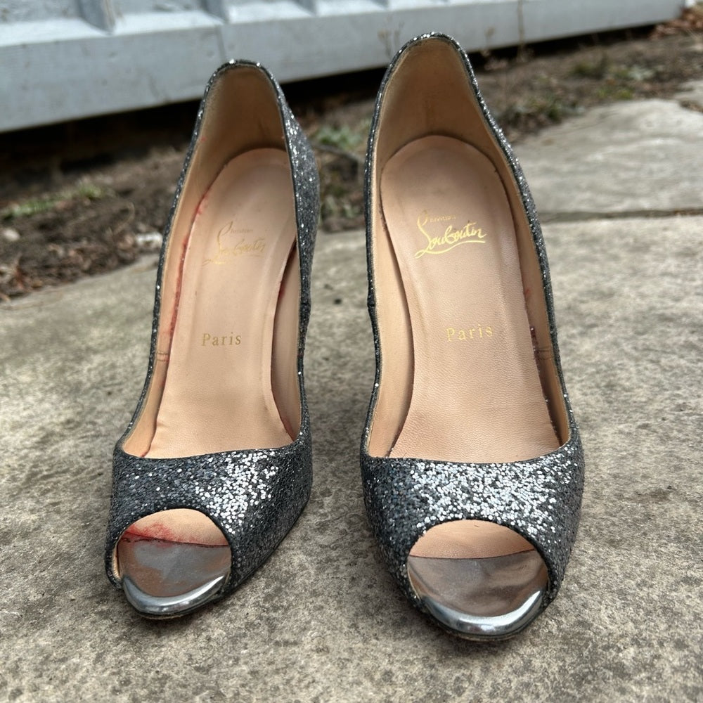 Christian Louboutin Metallic Grey Glitter Very Prive Peep Toe Pumps, Size 38.5