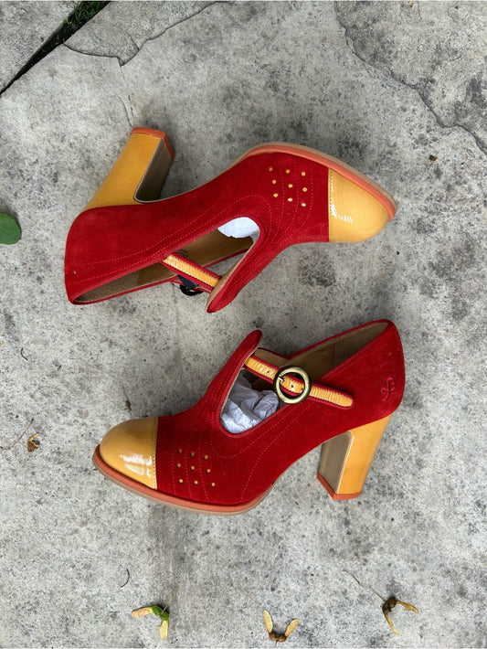 John Fluevog Attic Tova Contrast T-Strap Heel, size 7.5