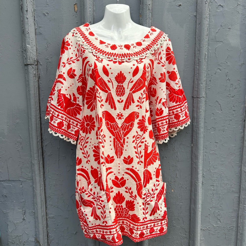 Farm Rio Jungle Flow Belted Mini Dress Red/ Cream Linen, Small