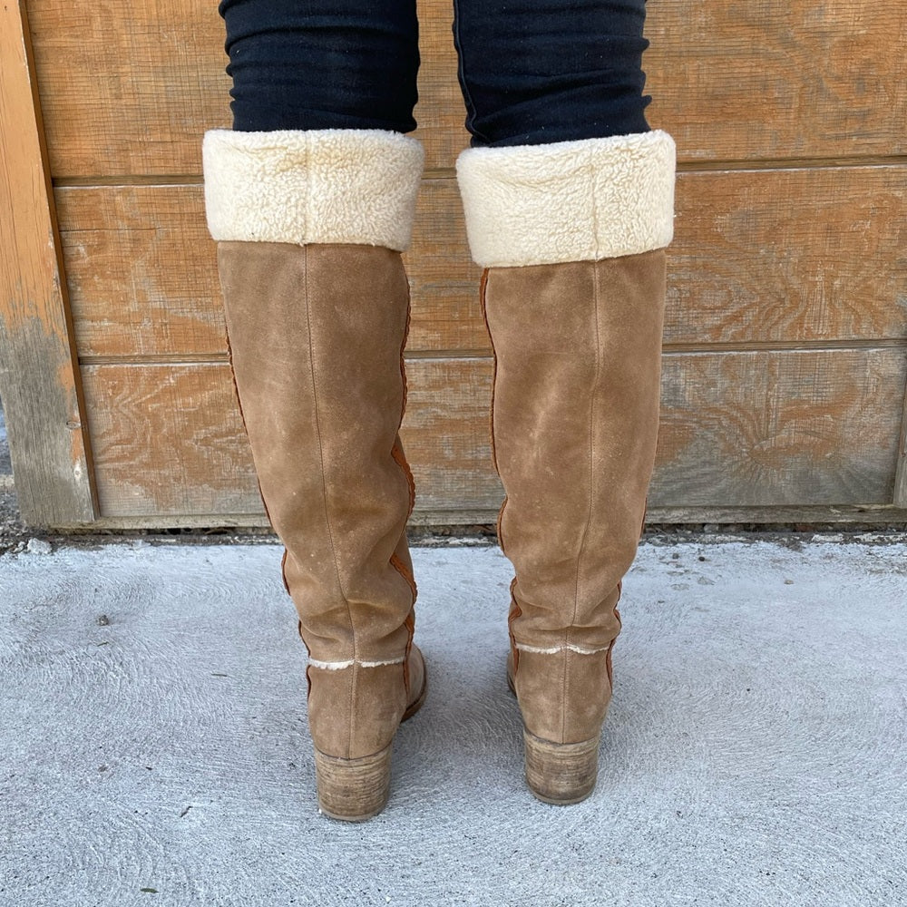 Philosophy Di Alberta Ferretti Camel Suede Shearling Boots, size 38.5