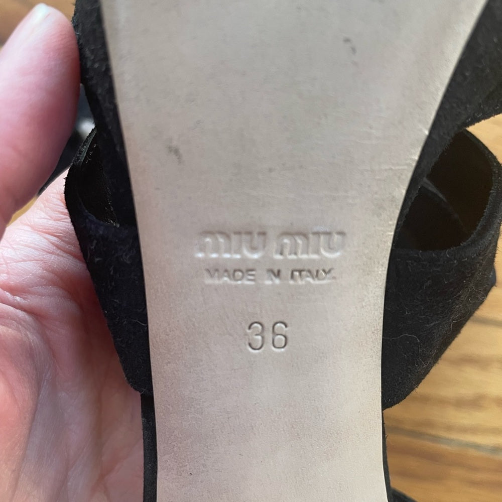 Miu Miu Black Suede Platform Crisscross Sandal Heels, size 36