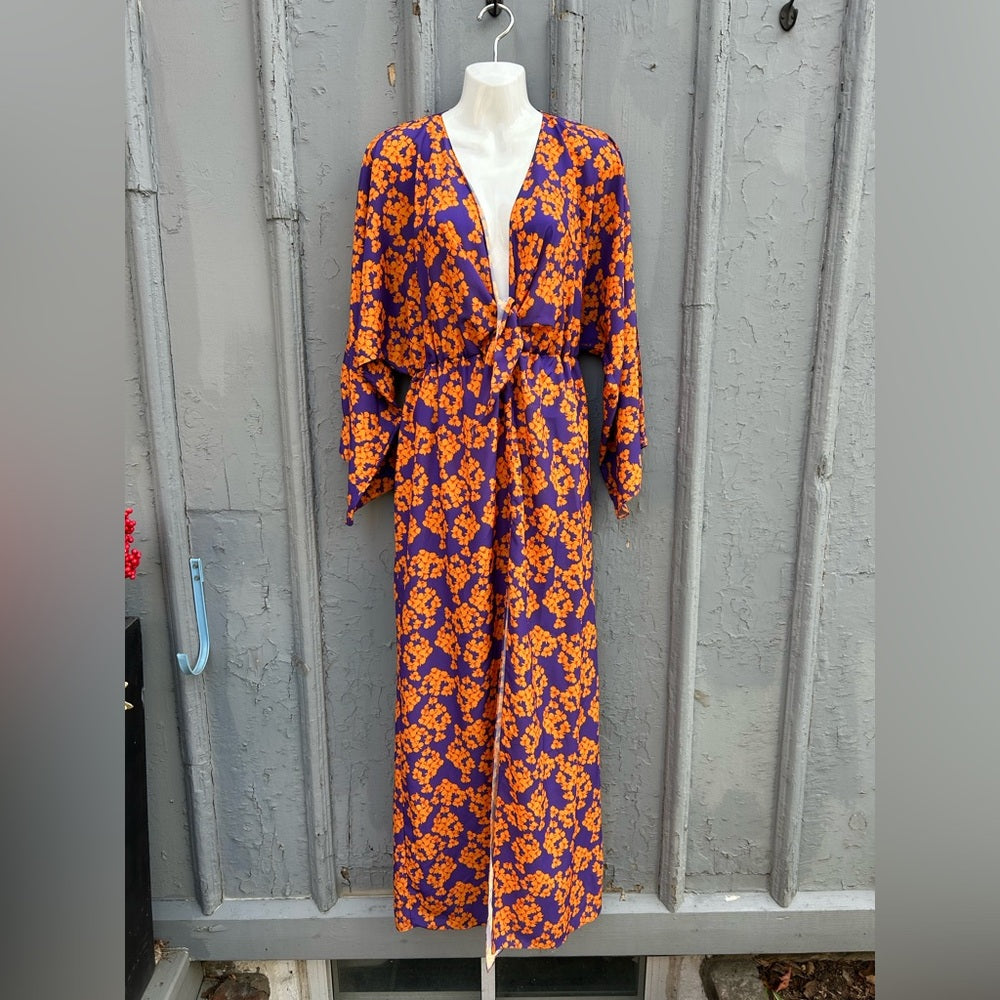 Borgo De Nora Elsa Tie Front Orange and Purple Floral Maxi Dress, size UK 10 (6)