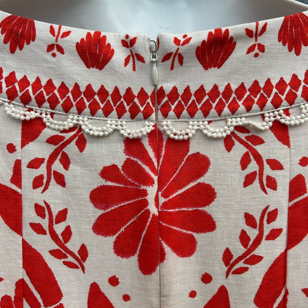 Farm Rio Jungle Flow Belted Mini Dress Red/ Cream Linen, Small