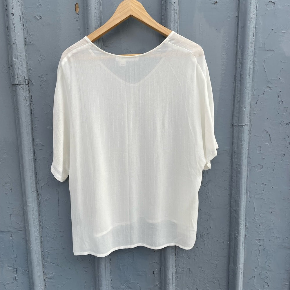 MELISSA NEPTON sheer white V neck blouse loose fit, size Large