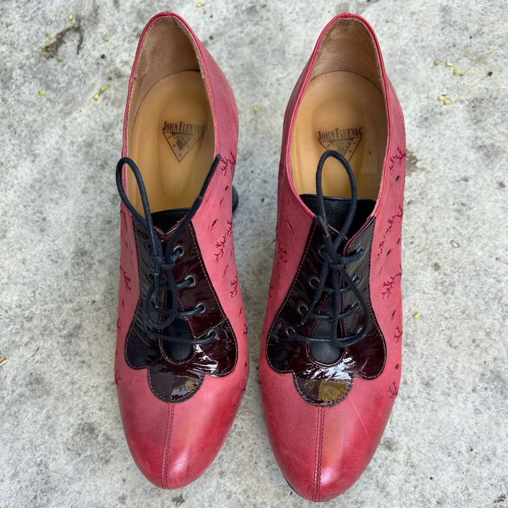 John Fluevog Red Look Out Fascination lace up leather heel, BNWOB, size 9