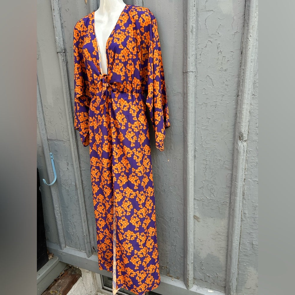 Borgo De Nora Elsa Tie Front Orange and Purple Floral Maxi Dress, size UK 10 (6)