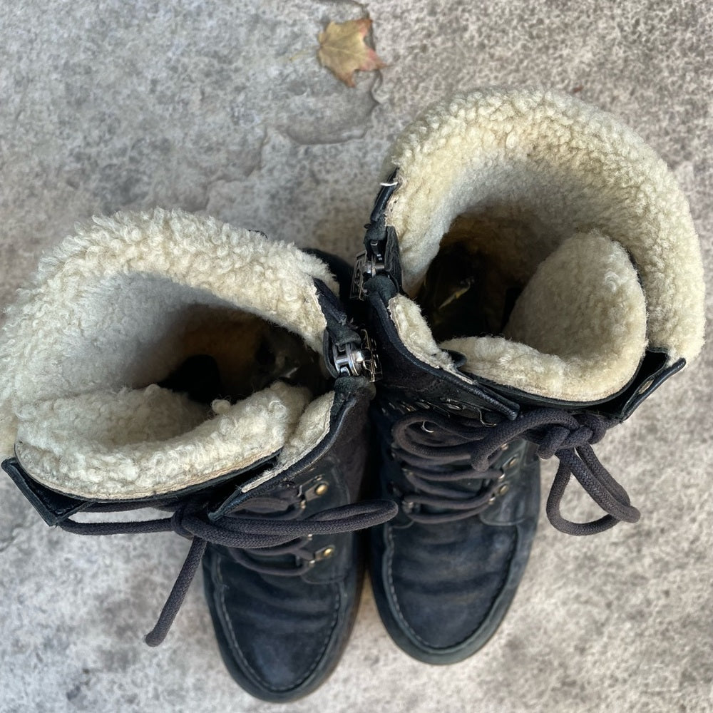 Chanel Black Wool, Suede & Shearling Lace up Combat Boots, Size 39
