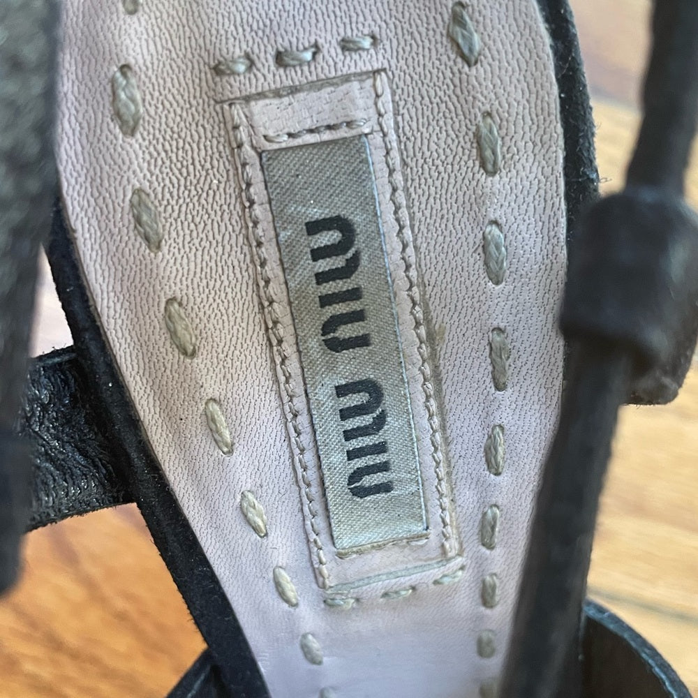 Miu Miu Black Suede Platform Crisscross Sandal Heels, size 36