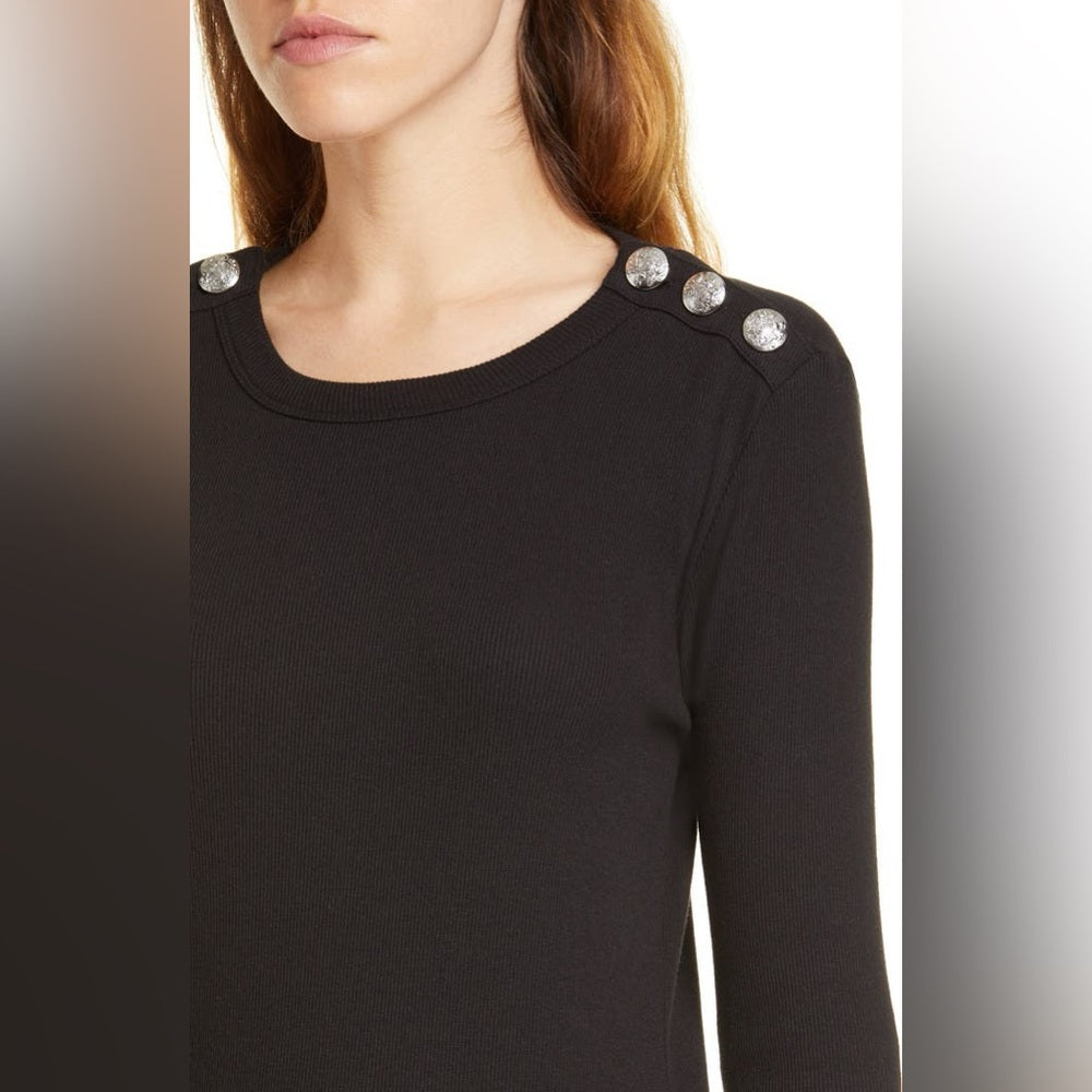 Veronica Beard Jeans Black Mayer Button Shoulder Top, size L