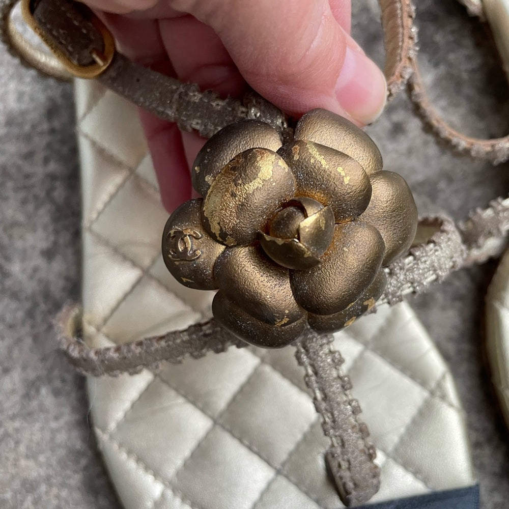 Chanel Gold Quilted Gladiator Sandal Flats, size 39