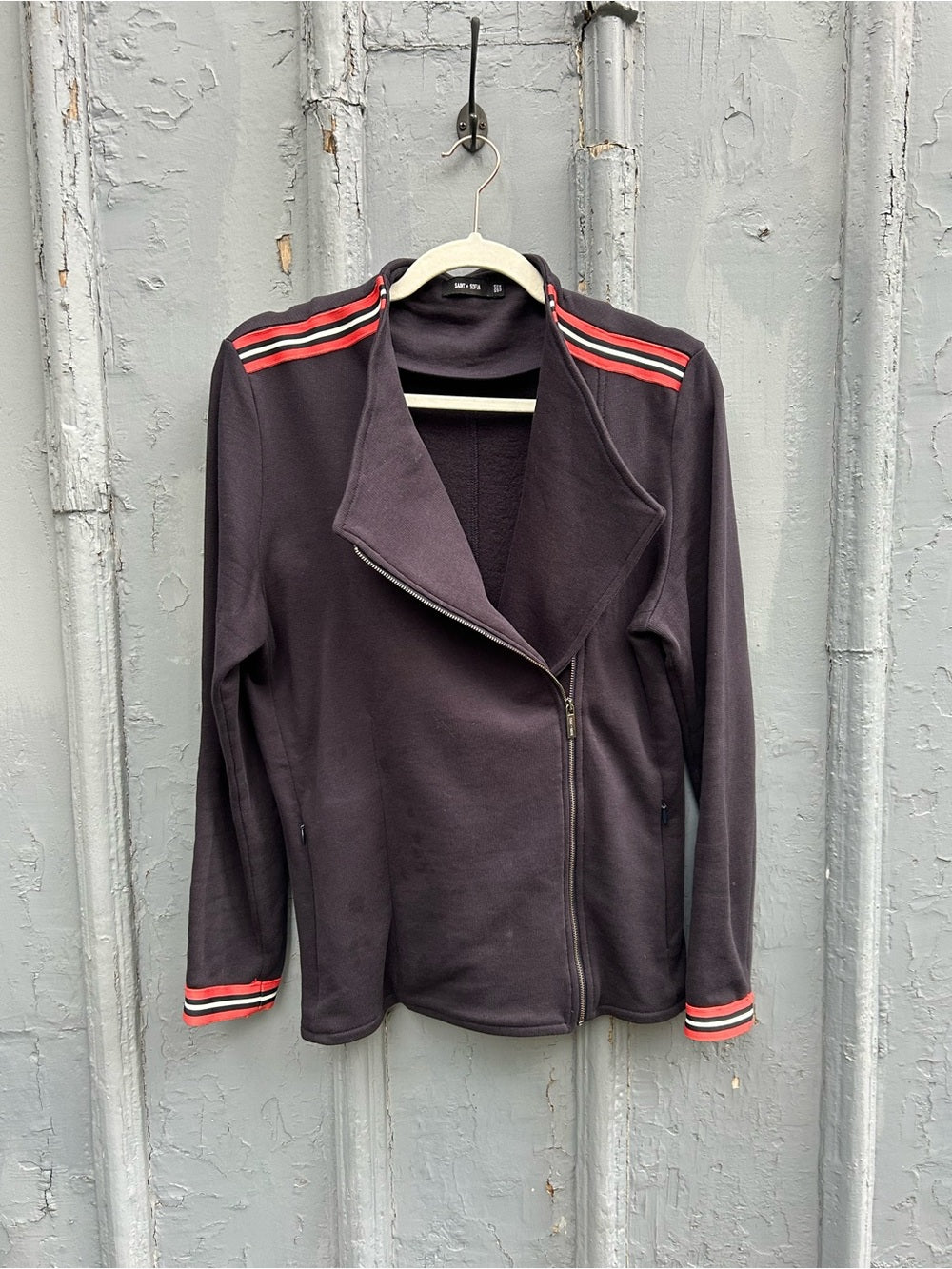 Saint + Sofia Black asymmetric biker jacket, size 8