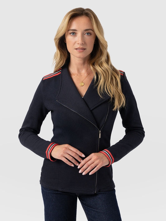 Saint + Sofia Black asymmetric biker jacket, size 8