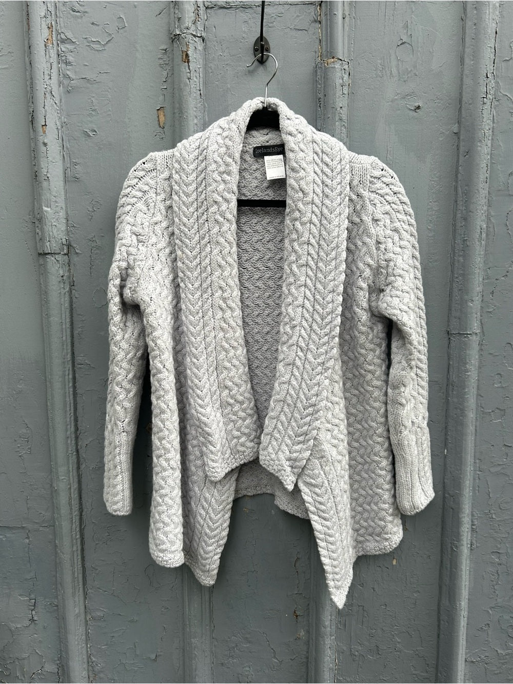 Ireland’s Eye Grey Cable knit Glenross Wool Waterfall Cardigan, Small