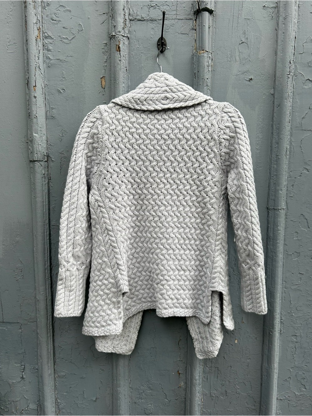 Ireland’s Eye Grey Cable knit Glenross Wool Waterfall Cardigan, Small