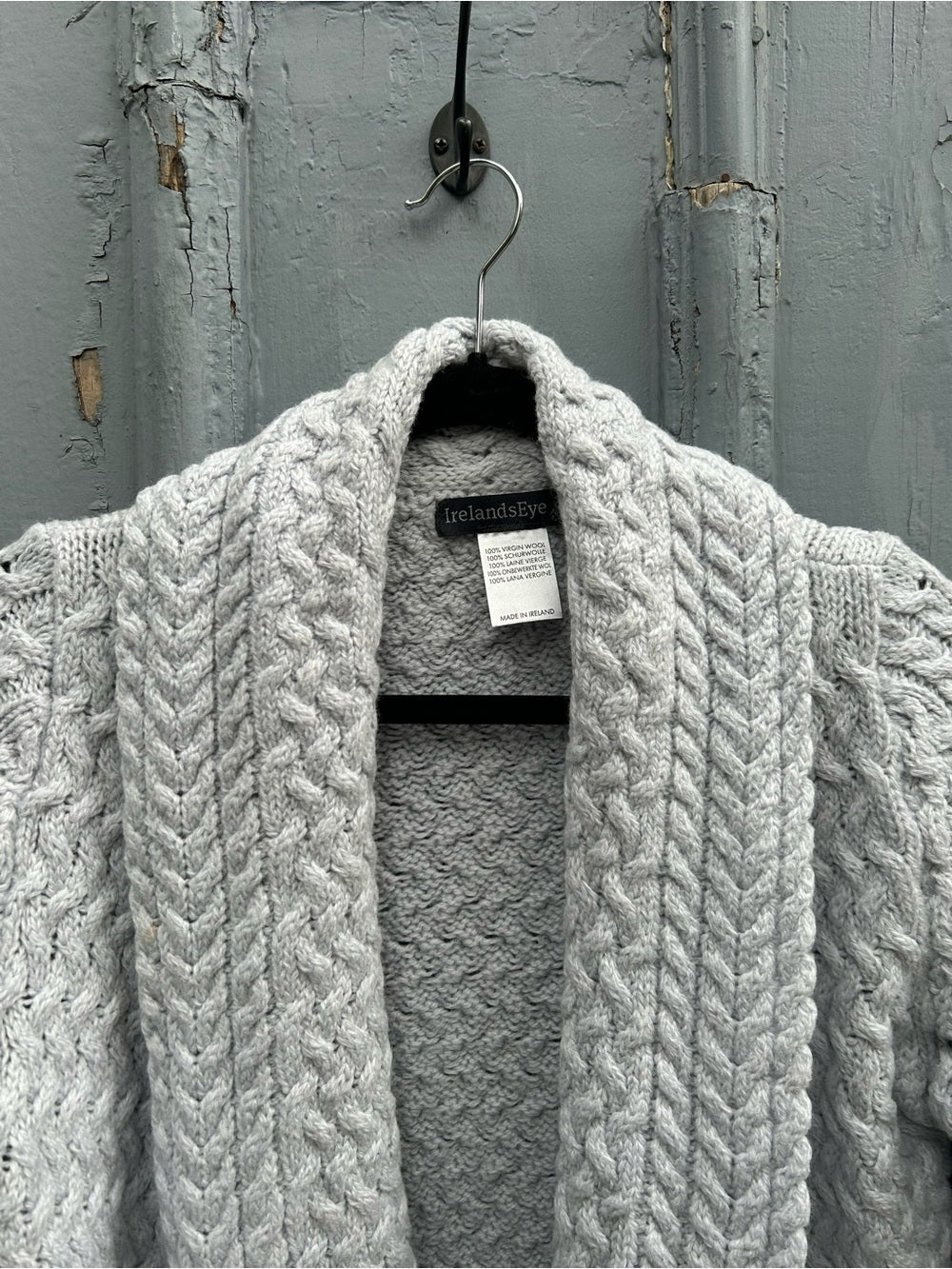 Ireland’s Eye Grey Cable knit Glenross Wool Waterfall Cardigan, Small