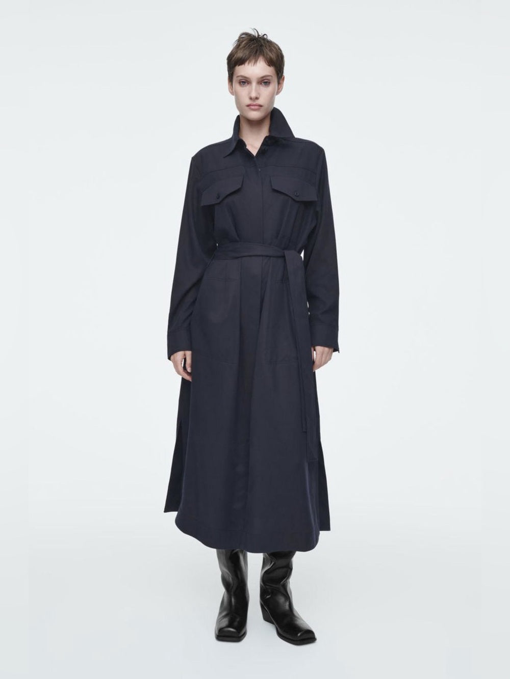 COS Navy Long Sleeve Shirt Dress, size 14