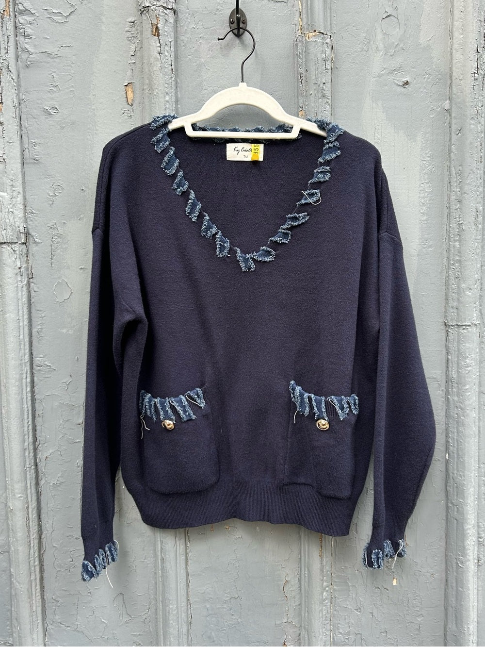 Ky Creations, Navy denim V neck sweater, approx size M