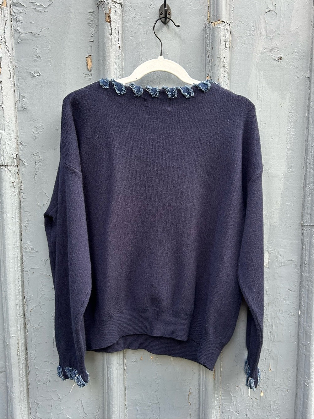 Ky Creations, Navy denim V neck sweater, approx size M