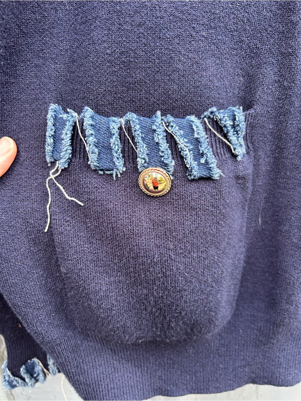 Ky Creations, Navy denim V neck sweater, approx size M