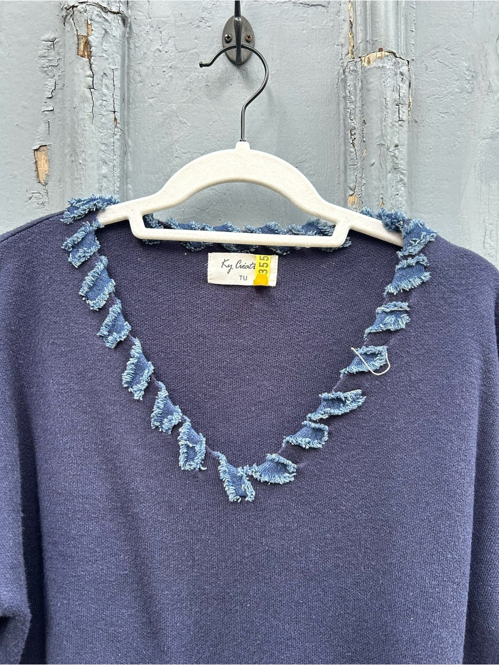 Ky Creations, Navy denim V neck sweater, approx size M