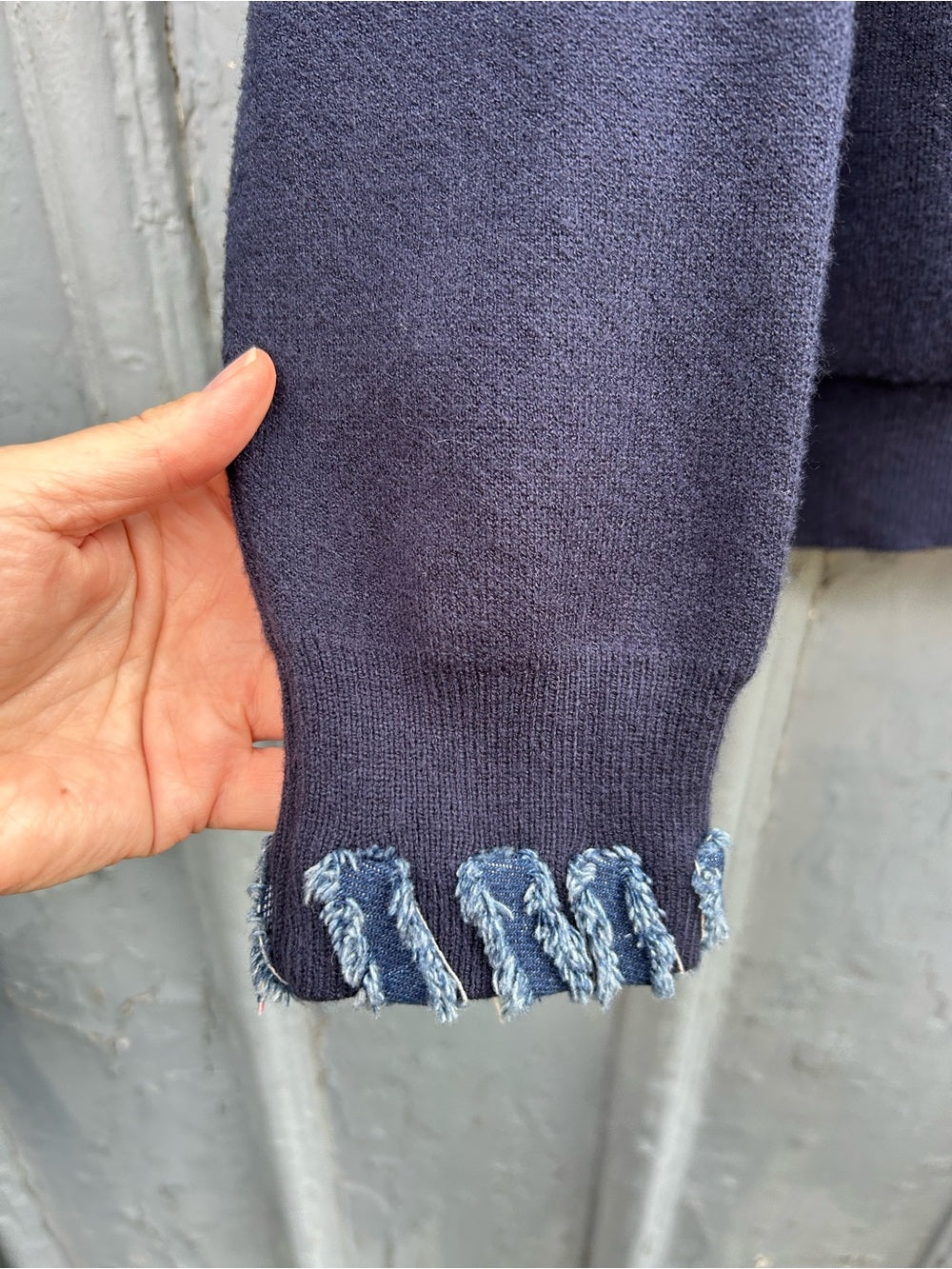Ky Creations, Navy denim V neck sweater, approx size M