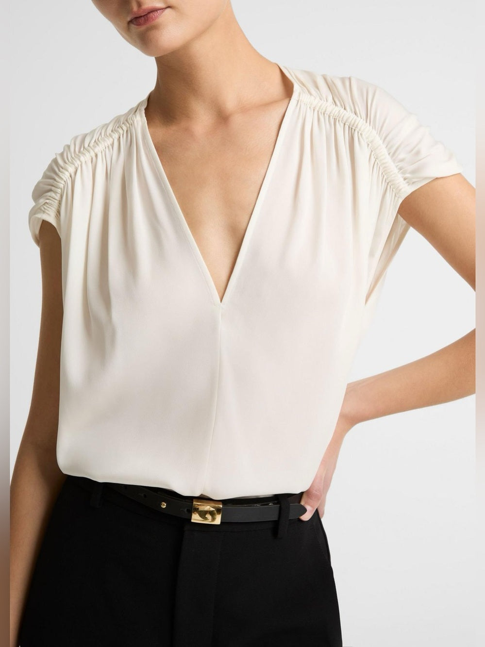 Vince Black Stretch-Silk Gathered Cap-Sleeve Blouse, size M