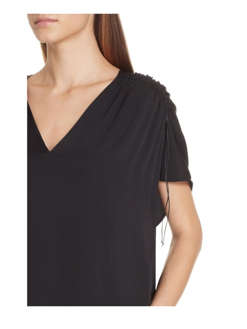 Vince Black Stretch-Silk Gathered Cap-Sleeve Blouse, size M