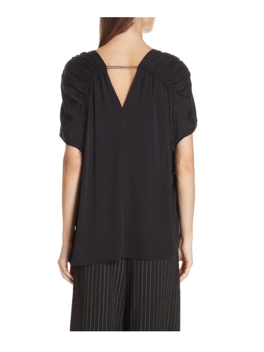 Vince Black Stretch-Silk Gathered Cap-Sleeve Blouse, size M