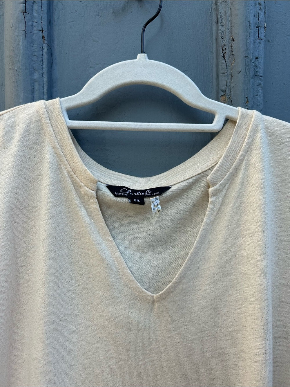 Charlie B gold Shimmery Champagne V-Neck T-Shirt, size L