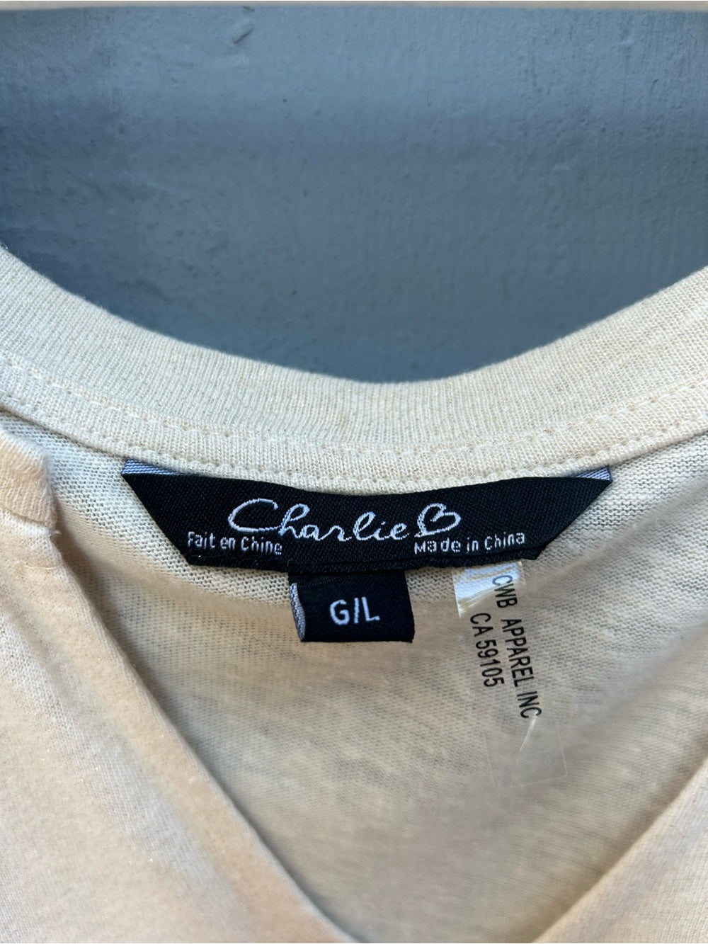 Charlie B gold Shimmery Champagne V-Neck T-Shirt, size L