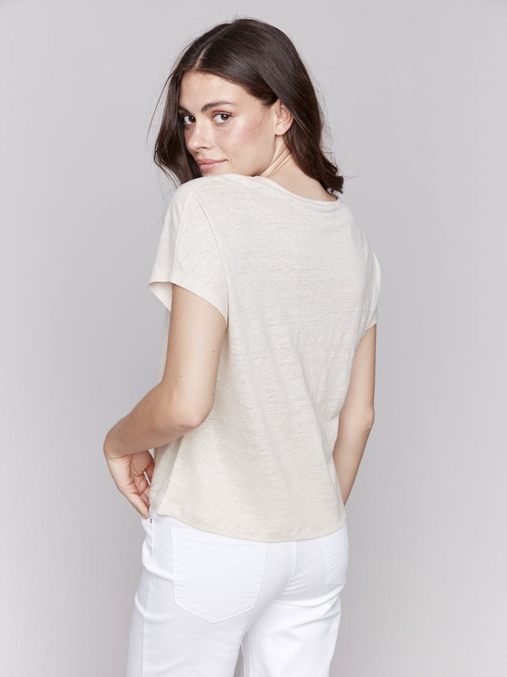 Charlie B gold Shimmery Champagne V-Neck T-Shirt, size L