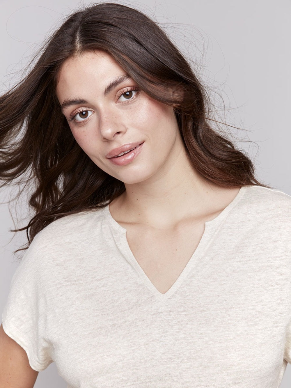 Charlie B gold Shimmery Champagne V-Neck T-Shirt, size L