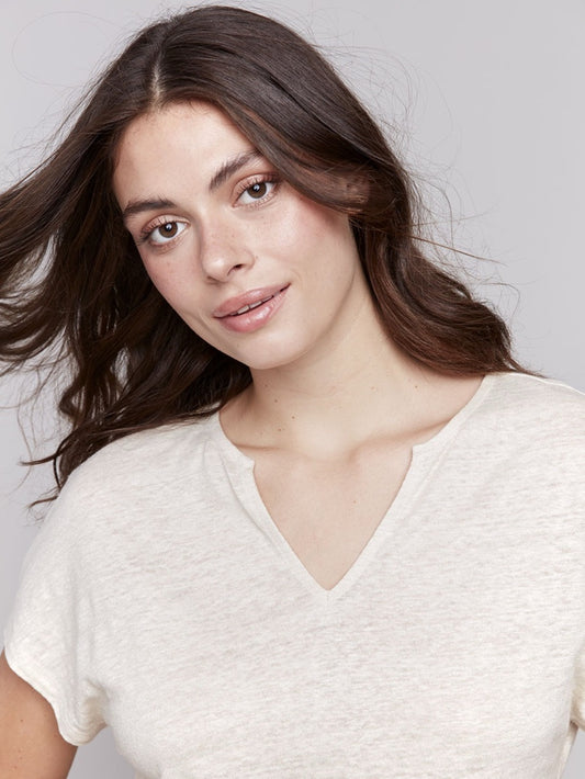 Charlie B gold Shimmery Champagne V-Neck T-Shirt, size L