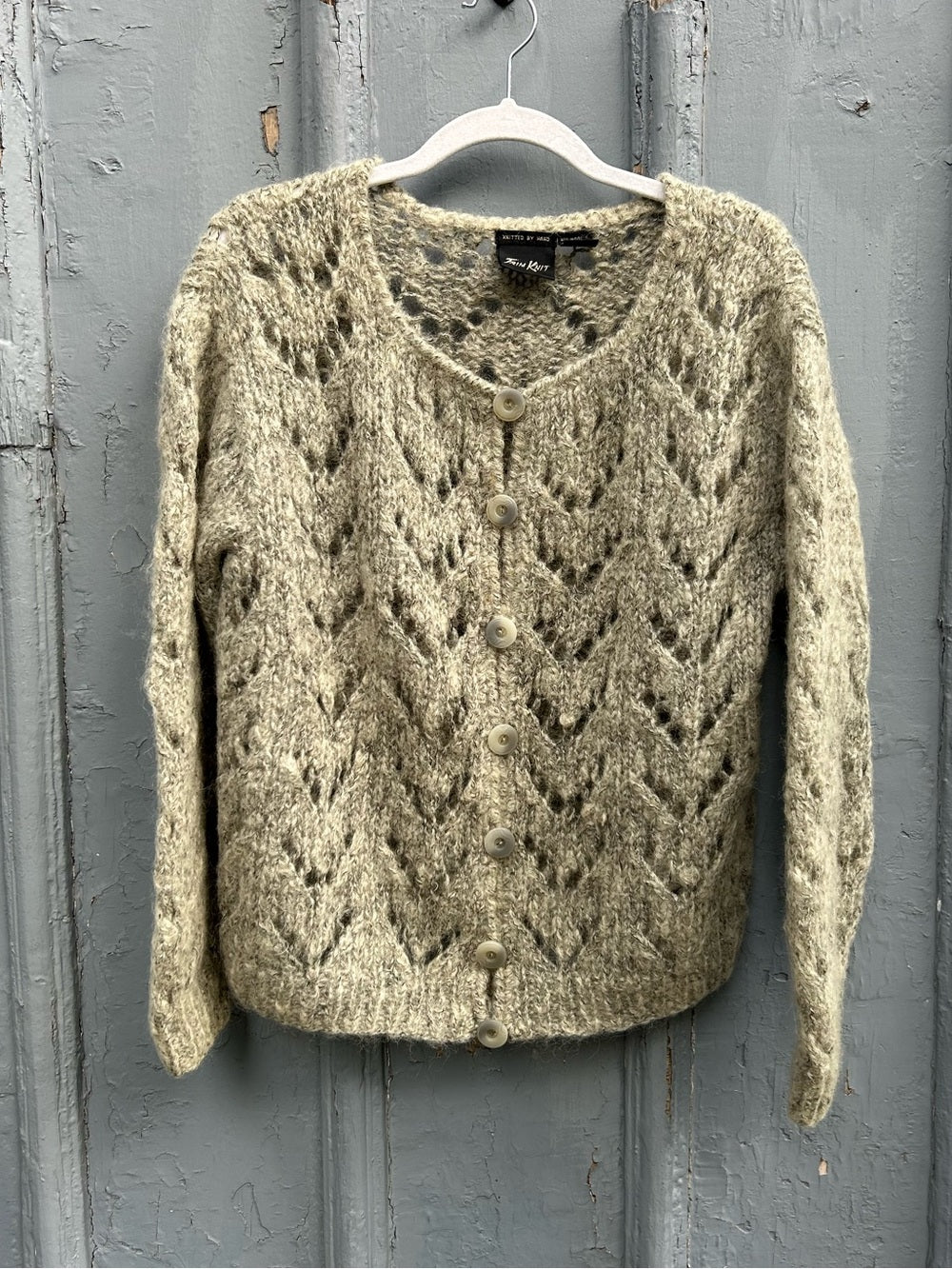 Vintage Trim Knit Wool Blend grey open knit sweater, size M