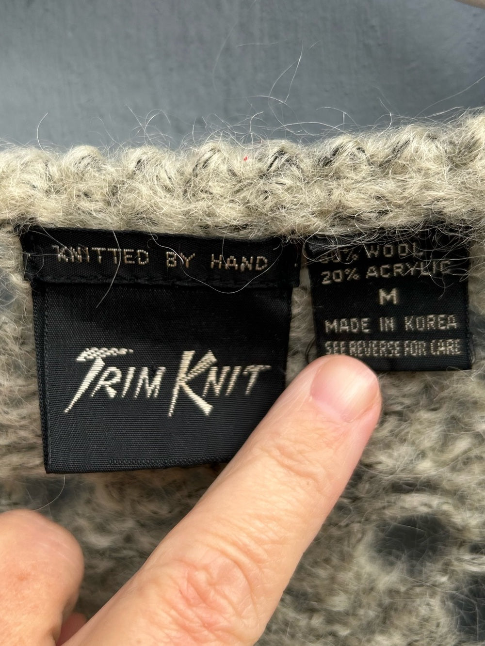 Vintage Trim Knit Wool Blend grey open knit sweater, size M