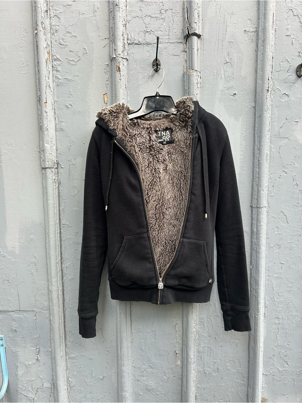 “Vintage” TNA Black furry hoodie, size XS