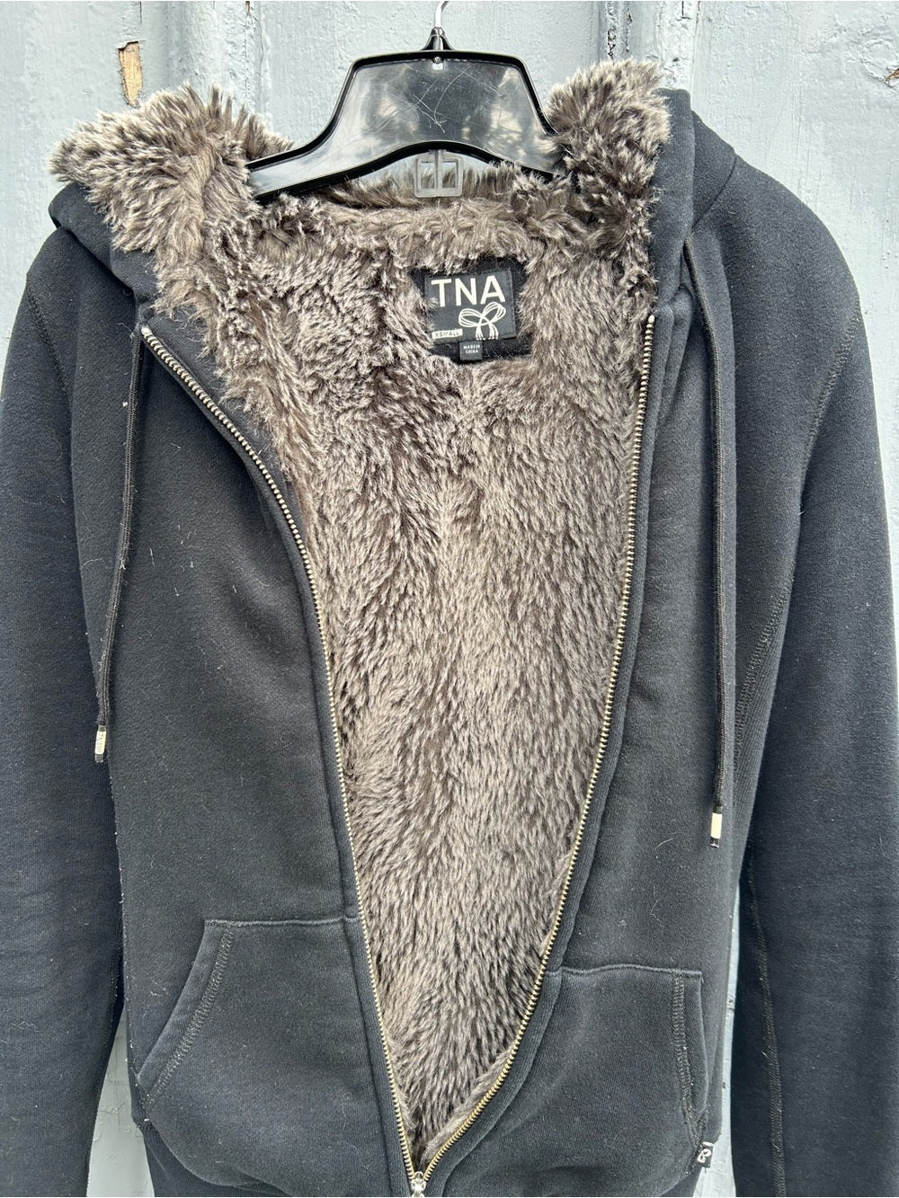 “Vintage” TNA Black furry hoodie, size XS
