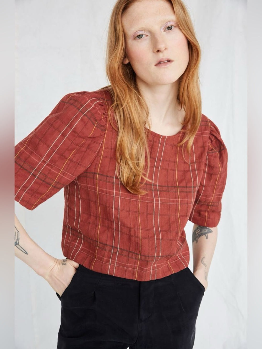 Eve Gravel Black plaid crop Labyrinthe blouse, size XS