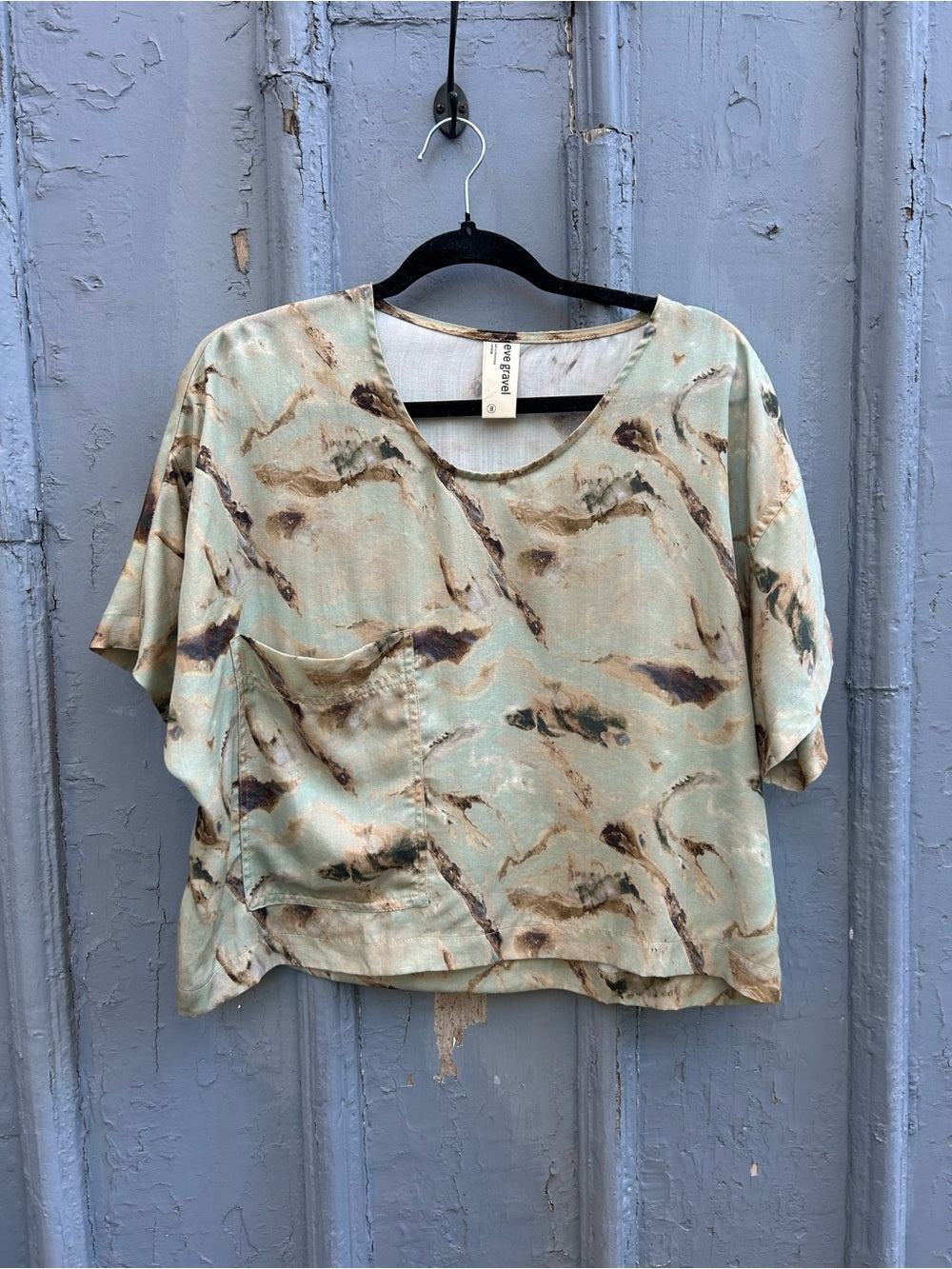 Eve Gravel Grey Green Lagos Short Sleeve Blouse, size M