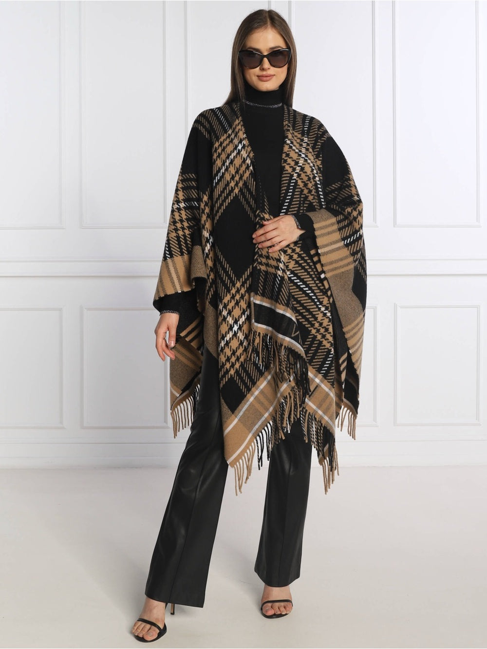 Marc Cain Black Brown Plaid Wrap Poncho, One Size