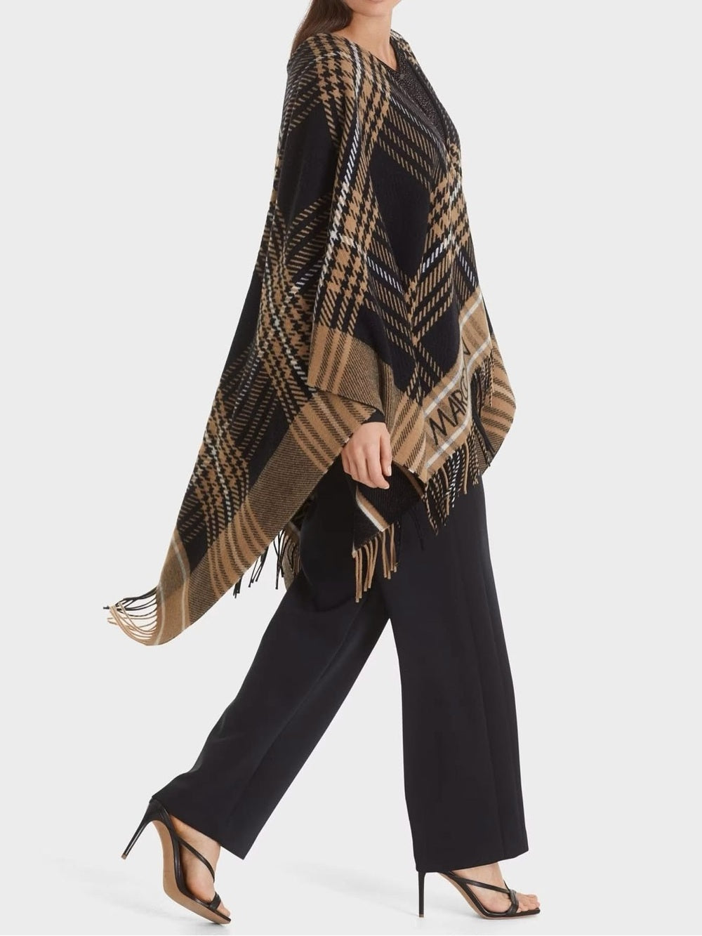 Marc Cain Black Brown Plaid Wrap Poncho, One Size
