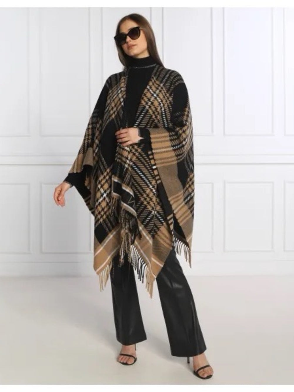 Marc Cain Black Brown Plaid Wrap Poncho, One Size