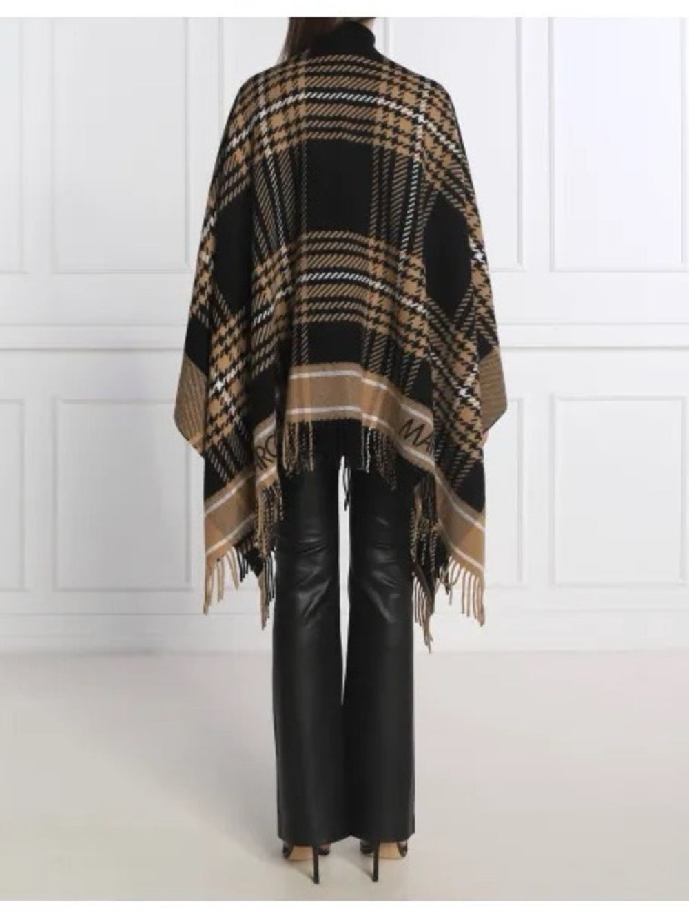 Marc Cain Black Brown Plaid Wrap Poncho, One Size