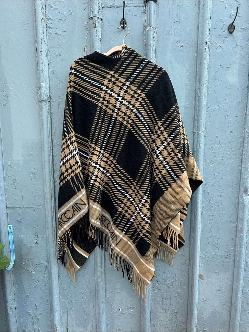 Marc Cain Black Brown Plaid Wrap Poncho, One Size