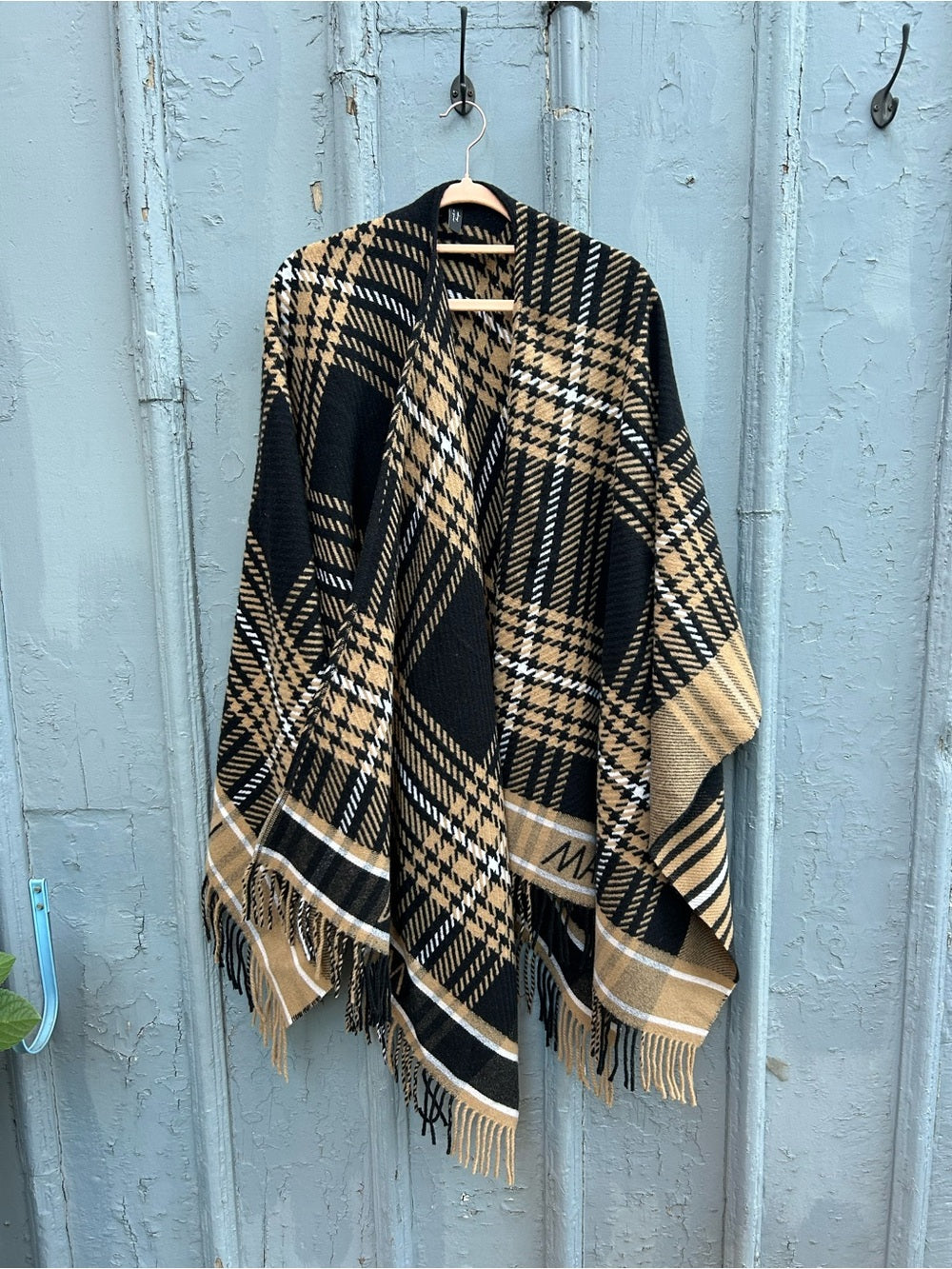 Marc Cain Black Brown Plaid Wrap Poncho, One Size