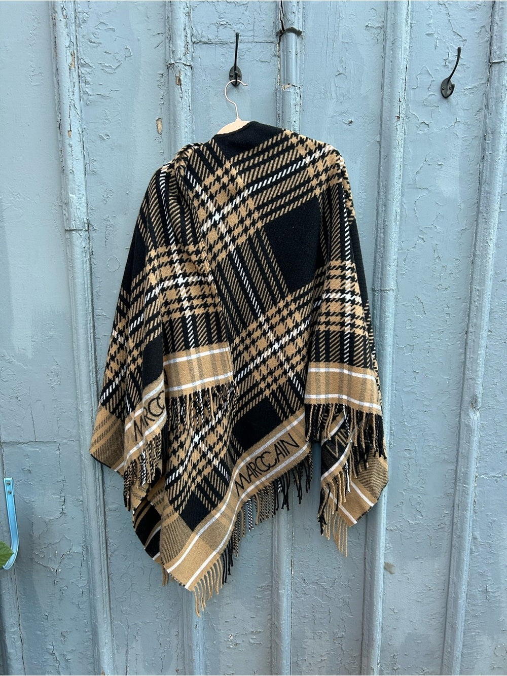 Marc Cain Black Brown Plaid Wrap Poncho, One Size
